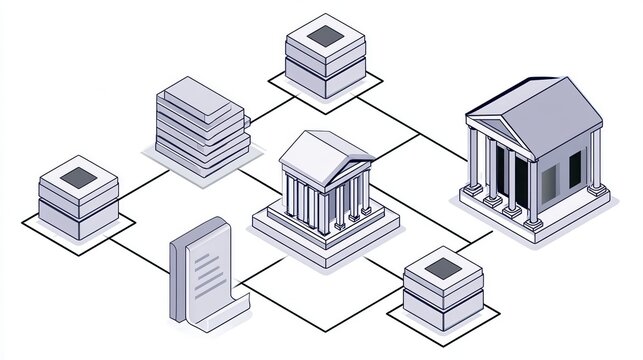 A schematic illustration of a blockchain-based network connecting various banks and ledgers for secure financial transactions.
