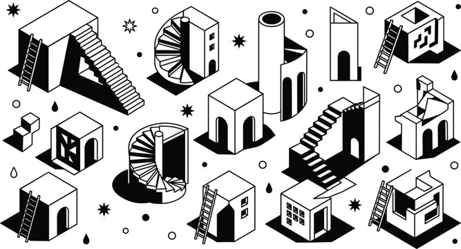 Abstract Isometric Architecture Vector Set with Surreal Impossible Labyrinths Spiral Staircases and Escher Style Geometric Buildings for Creative Graphic Designs