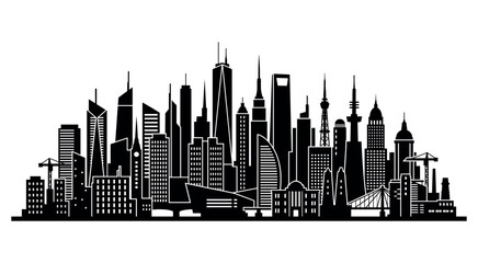 Obraz premium Modern city skyline. Vibrant city skyline illustration. high-rises and construction cranes. Dynamic urban landscape. Vector illustration