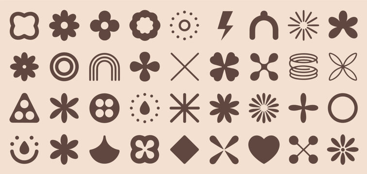 Collection of brown abstract shapes and symbols on a beige background