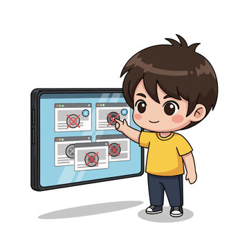 Chibi Style Cartoon Boy in Yellow Shirt Using a Digital Tablet to Close Multiple Pop-up Ad Windows with Red Cross Icons, Vector Illustration on a Plain White Background