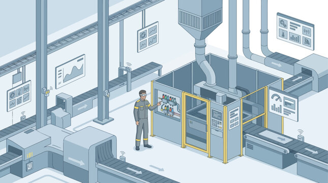 Isometric smart factory engineer monitoring automated production line on digital control panel, Industry 4.0 manufacturing technology, clean blue industrial lighting
