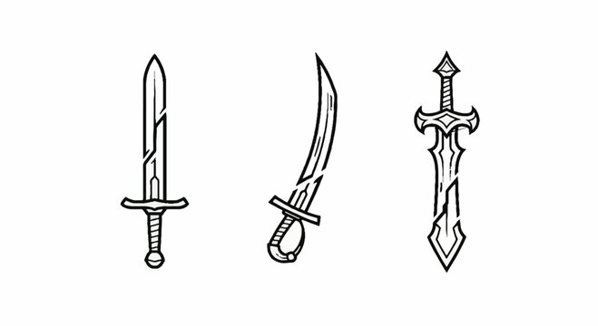 Illustrated collection of medieval fantasy weaponry designs outline.