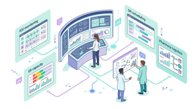 Isometric doctors using healthcare analytics dashboards for hospital operations management, patient monitoring and scheduling, modern digital health technology in clean pastel lighting