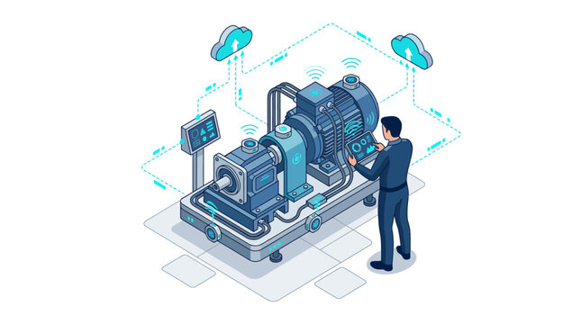 Isometric smart factory engineer monitoring industrial electric motor with IoT sensors for predictive maintenance and Industry 4.0 automation, blue technology illustration