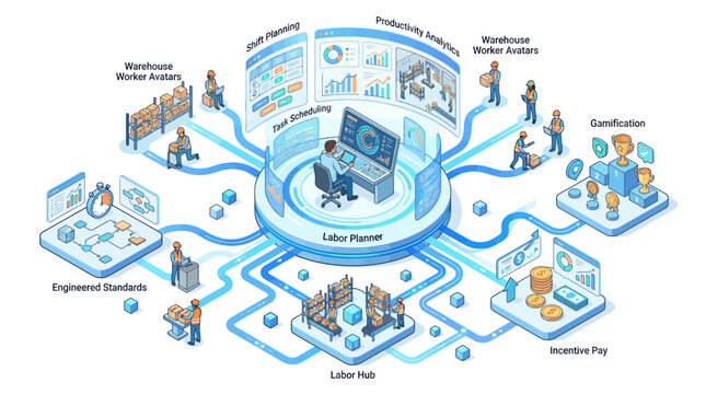 Isometric workforce management software dashboard showing warehouse labor planning, shift scheduling and productivity analytics with gamification and incentive pay in blue tech infographic style