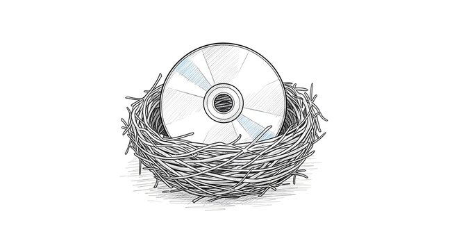 Compact Disc Nesting Creatively in Twig Bird Nest Illustration.