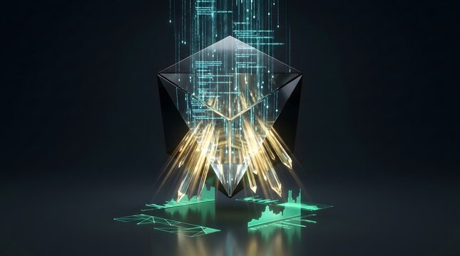 Abstract geometric prism floating amidst glowing digital code streams and holographic financial data charts in a high tech dark environment with cinematic lighting