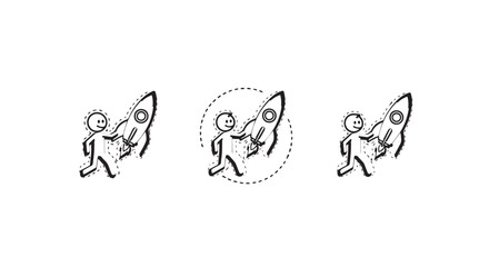 Fototapeta premium Whimsical stick figure illustrations with toy rockets.
