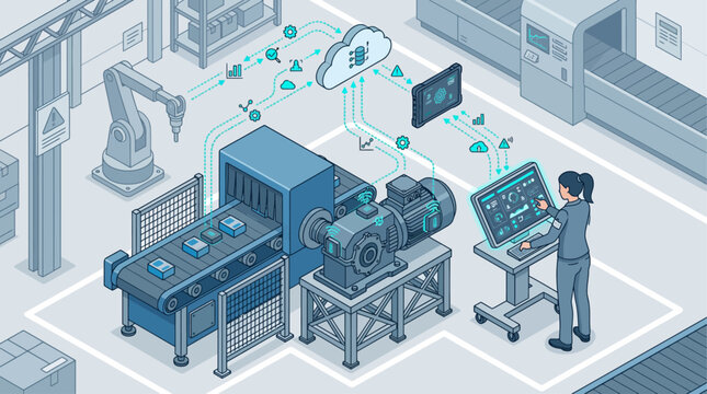 Isometric smart factory technician monitoring industrial IoT automation dashboard for digital transformation, blue-toned 3D vector illustration