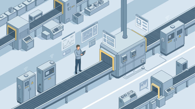 Isometric smart factory conveyor line with engineer monitoring analytics dashboard, automated manufacturing workflow in blue grey industrial technology illustration