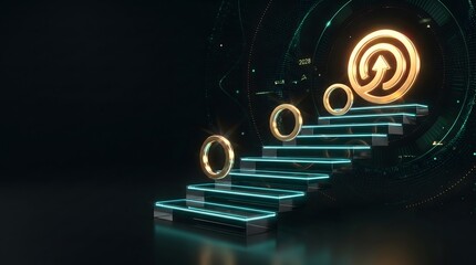 Fototapeta premium Glowing neon staircase with gold rings ascending to success in a futuristic dark background with blue lights and a large golden arrow