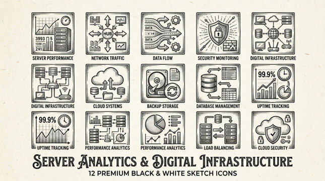 Server analytics and digital infrastructure icons in black and white sketch style.