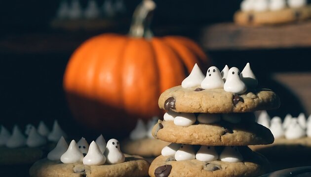Stacked chocolate chip cookies with small meringue ghost toppings decor.