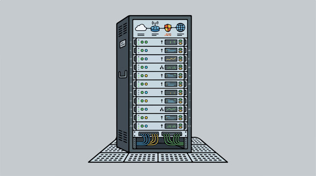 A detailed flat vector illustration of a modern computer server rack unit isolated on a plain background.
