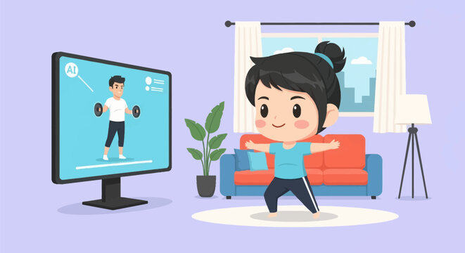 Vector illustration of a cute chibi girl doing a home workout in a living room while following a virtual AI fitness coach on a television screen with a sofa and plant background.
