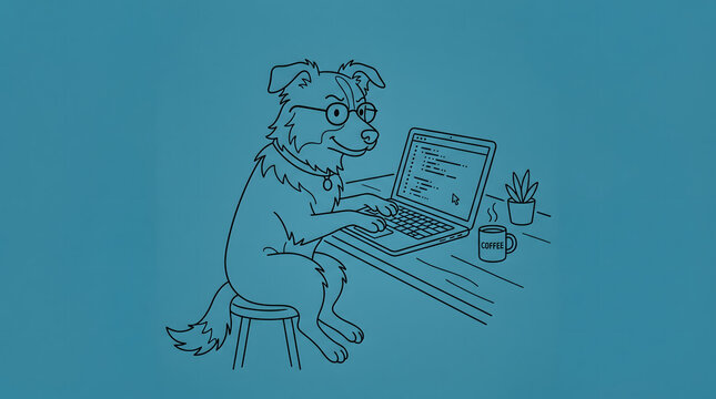 Dog programmer working on laptop with coffee illustration