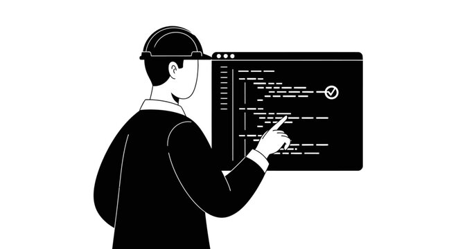 Engineer Points to Computer Screen with Code and Checkmark.