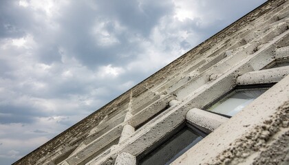Fototapeta premium Close-up view of a modern building's textured concrete facade with integrated windows under a cloudy sky.