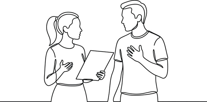 Continuous line drawing of a woman presenting documents to a man.