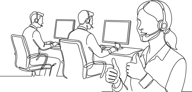 Continuous line drawing of customer support team with thumbs up.