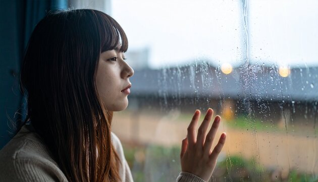 雨の窓辺で物思いにふける日本人女性の梅雨ライフスタイルポートレート
