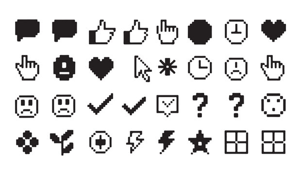 Pixelated icons set representing business technology and communication elements vector graphics.