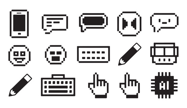 Pixel art icon set. mobile phone, message, chat, happy face, keyboard, pencil, cursor, ai.