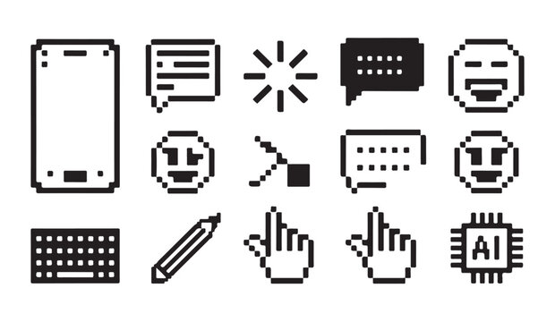 Pixel art icon set. phone, message, happy face, keyboard, pencil, cursor, ai. outline icons.