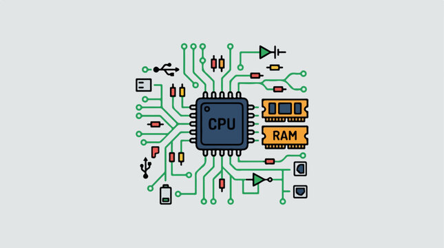 Computer motherboard CPU processor with RAM memory and electronic circuit connections.