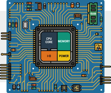 Computer Processor Chip with Integrated CPU Core Memory IO and Power Modules on Circuit Board.