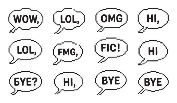 Retro pixel speech bubbles with short text phrases for creative social media design asset.