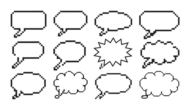 Pixel art speech and thought bubbles, including burst and cloud shapes, on white background.