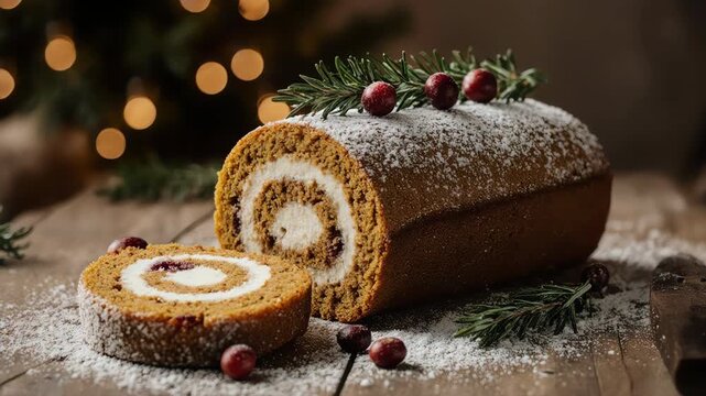 close-up of pumpkin cake roll slice revealing smooth cream cheese spiral filling, fine powdered sugar dusting on top, warm Christmas bokeh lights softly blurred in background