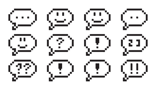 Pixel speech bubbles with emoticons question marks and exclamation points outline design.