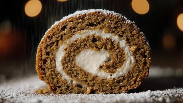 close-up of pumpkin cake roll slice revealing smooth cream cheese spiral filling, fine powdered sugar dusting on top, warm Christmas bokeh lights softly blurred in background