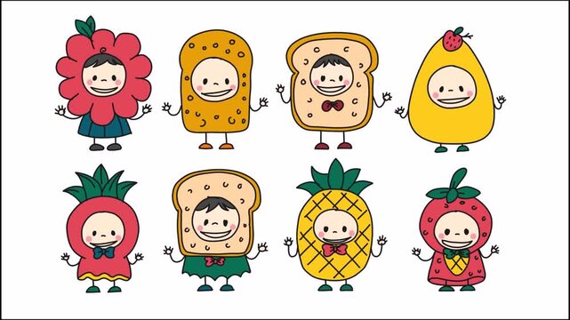 Cute cartoon food characters set with funny expressions animation