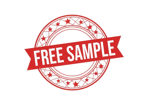 Red free sample stamp with ribbon banner, circular promotional seal with stars, marketing offer icon for retail and e-commerce business