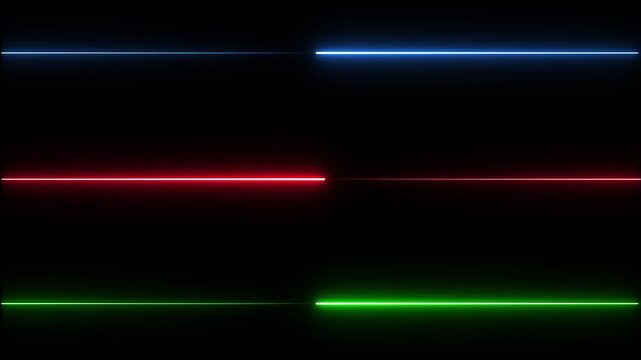 Abstract neon lines in blue red and green illuminate dark background in dynamic motion effect.