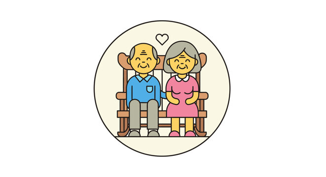 Happy elderly couple sitting together on a park bench.