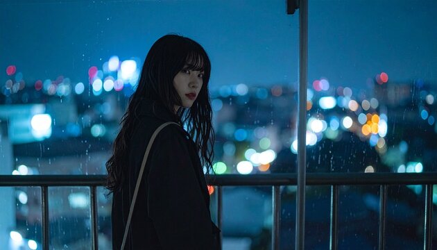 冬の雨夜に窓辺で佇む物憂げな日本人女性のシネマティックポートレート