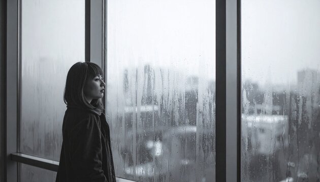 冬の雨夜に窓辺で佇む物憂げな日本人女性のシネマティックポートレート