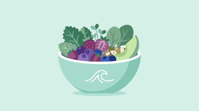Healthy vegan acai bowl with fresh berries and greens in a wave logo bowl.