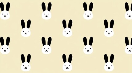 Obraz premium Seamless repeating pattern featuring cute rabbit faces with long black ears on soft pastel yellow background creative design