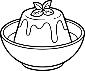 Dessert pudding with mint leaves in a bowl, line art illustration © gunko