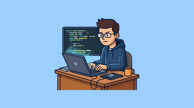 Illustration of a stressed young programmer coding on a laptop at a desk.