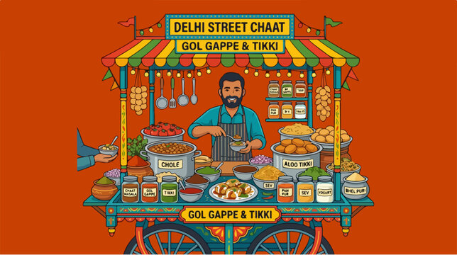 Illustration of a traditional Indian street food vendor selling Delhi chaat gol gappe and tikki.