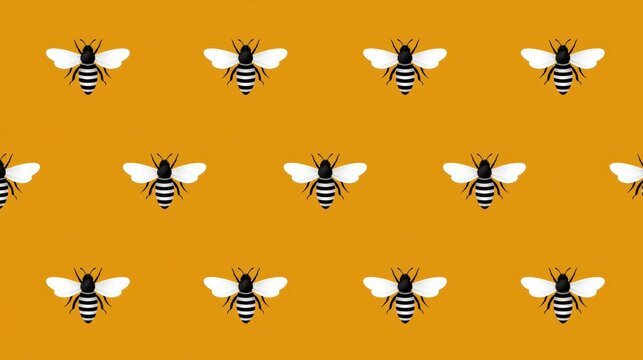 Seamless pattern featuring cute stylized honey bees on vibrant gold background for decorative wallpaper design