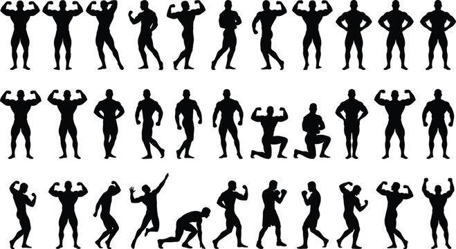 Comprehensive mega set of muscular bodybuilder black silhouettes posing flexing and training for fitness gym and sports design vector
