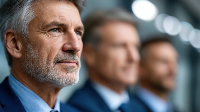 Close up portrait of mature successful male executive leader looking forward with confidence and determination at office